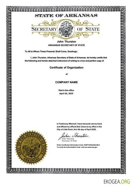 Modèle Word et PDF de certificat d'organisation USA Arkansas
